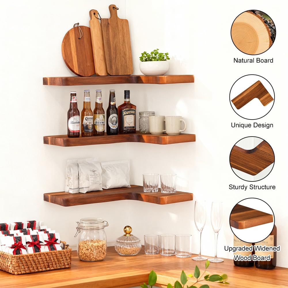 Solid Wood Acacia Corner Floating Shelves Set of 3