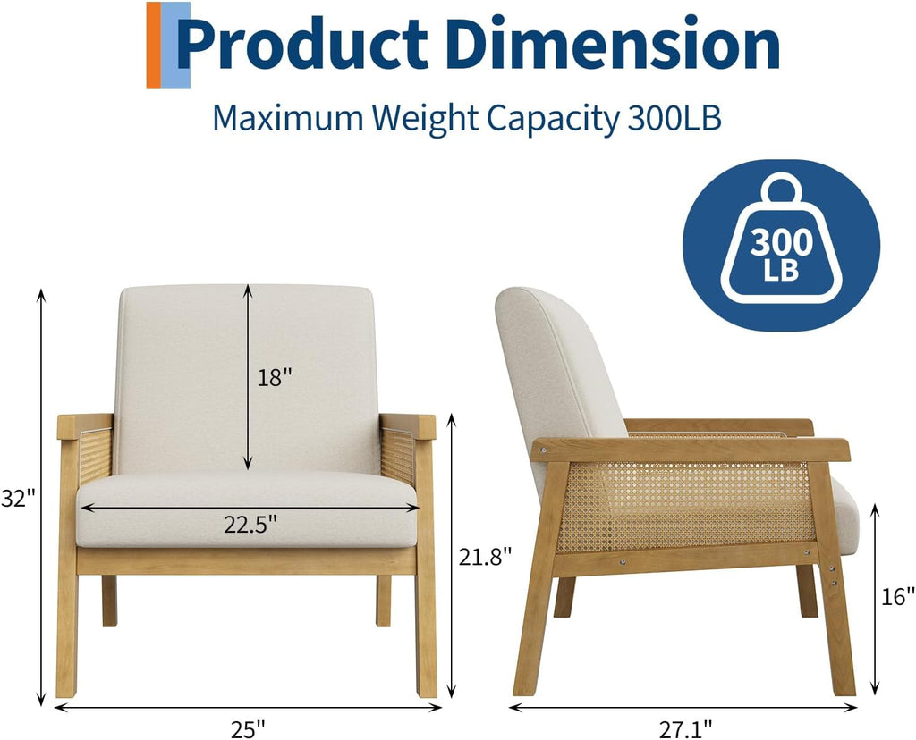 Beige High Back Rattan Wood Frame Accent Chair