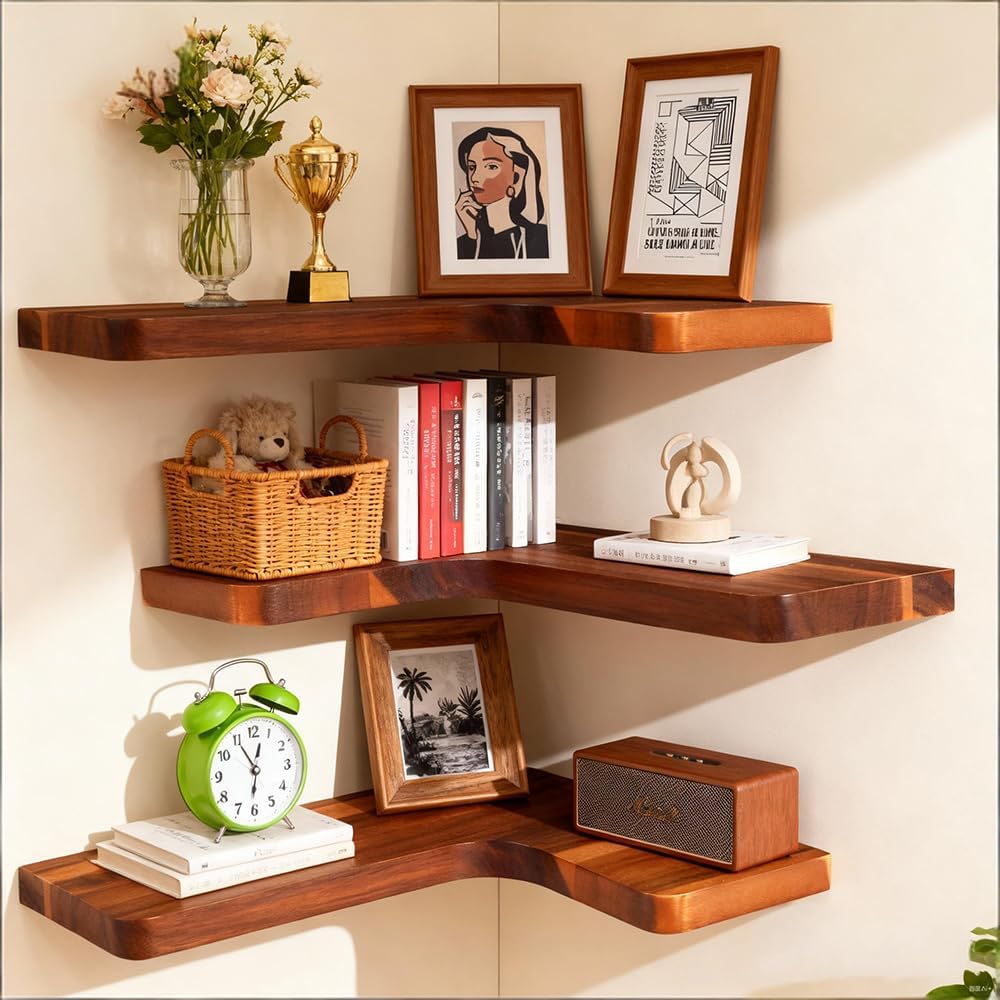 Solid Wood Acacia Corner Floating Shelves Set of 3