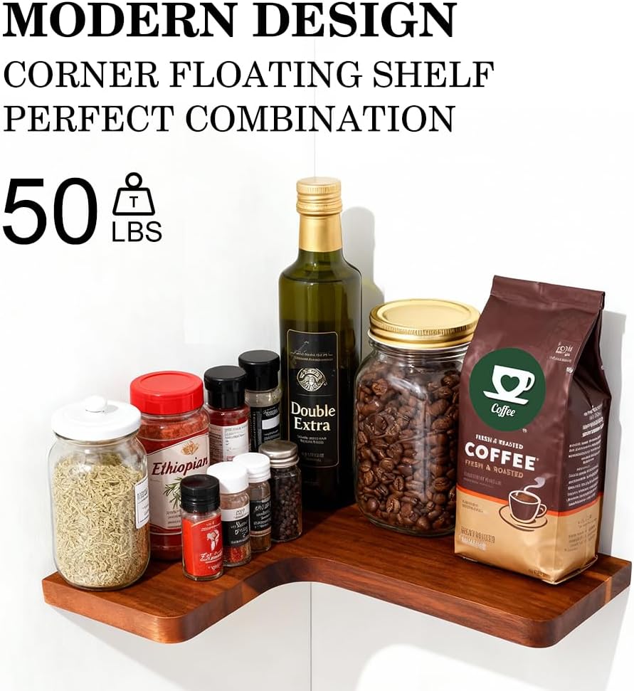 Solid Wood Acacia Corner Floating Shelves Set of 3