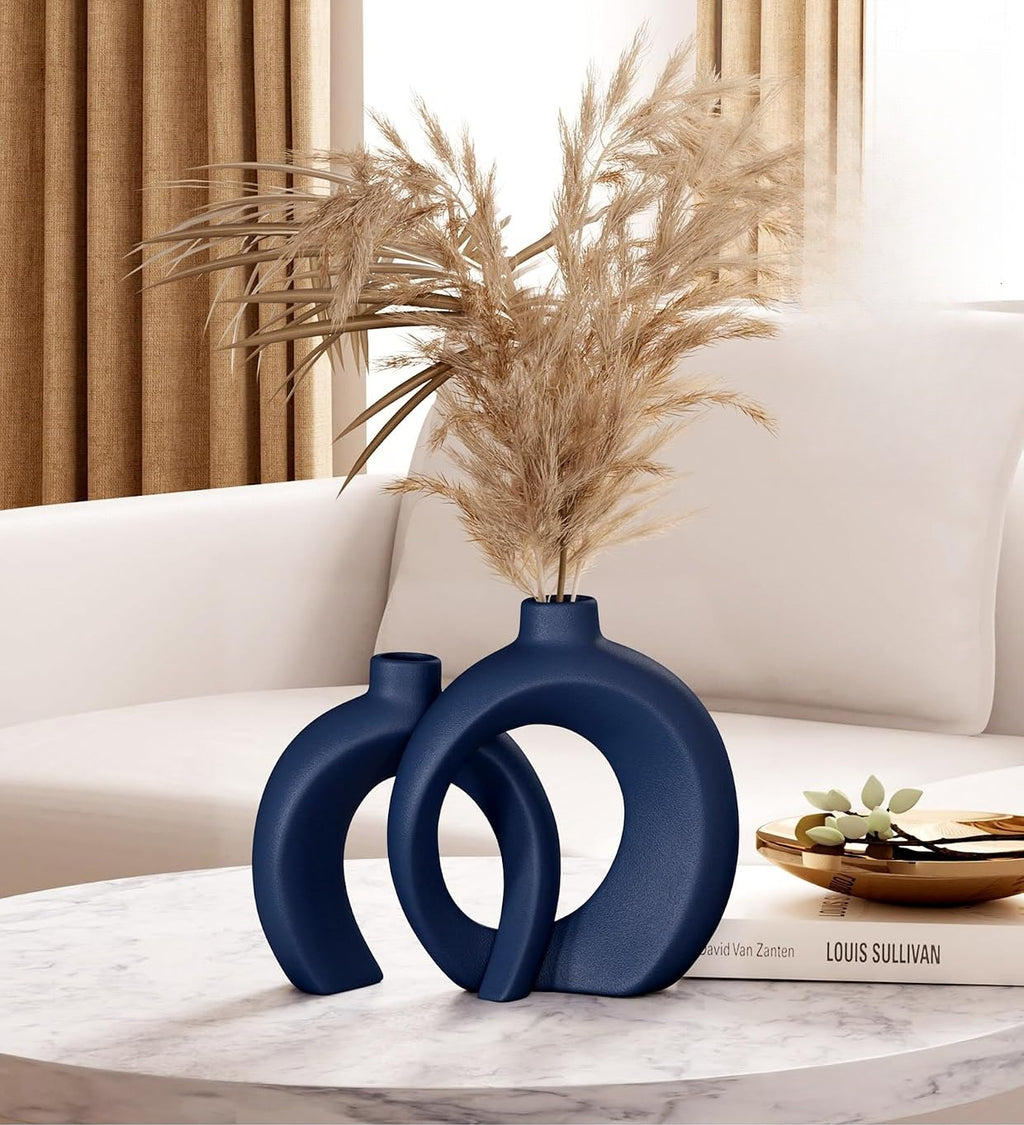 Matte Navy Blue Donut Vase Set of 2