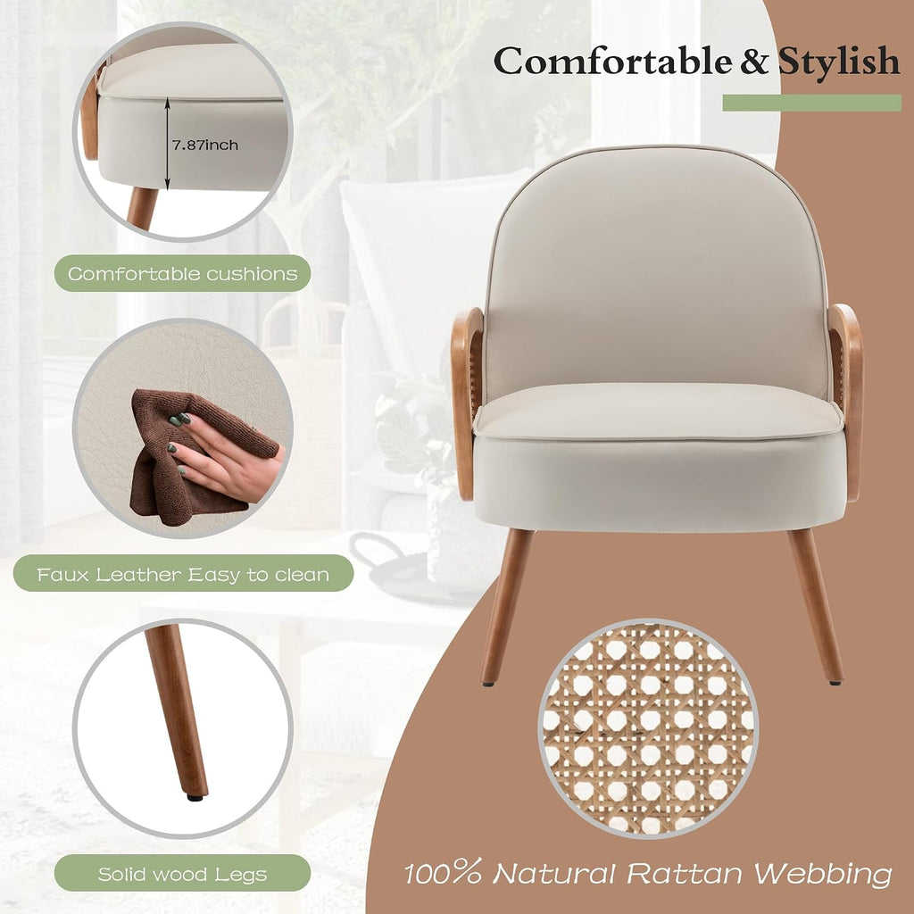 Beige Rattan Arm Mid Century Accent Chair
