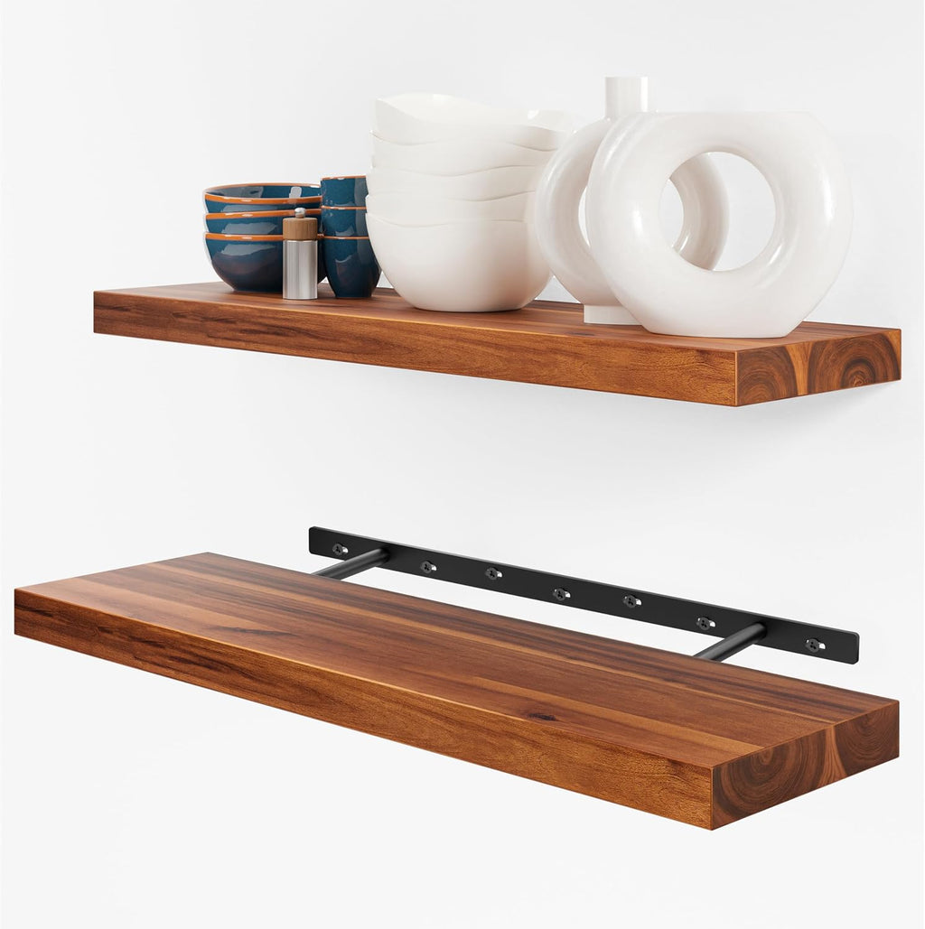 24 Inch Acacia Wood Floating Shelves Set of 2