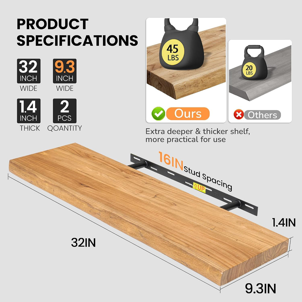 32 Inch Natural Live Edge Floating Shelves Set of 2