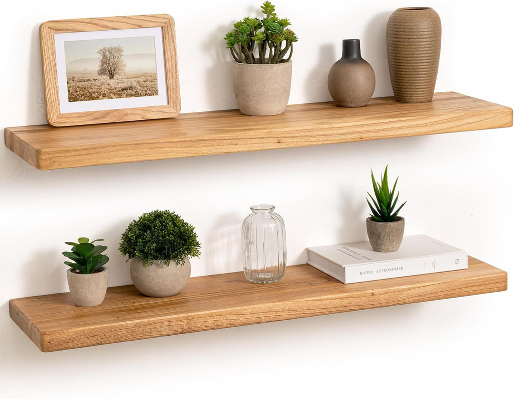 30 Inch Solid Elm Wood Floating Shelves Set of 2