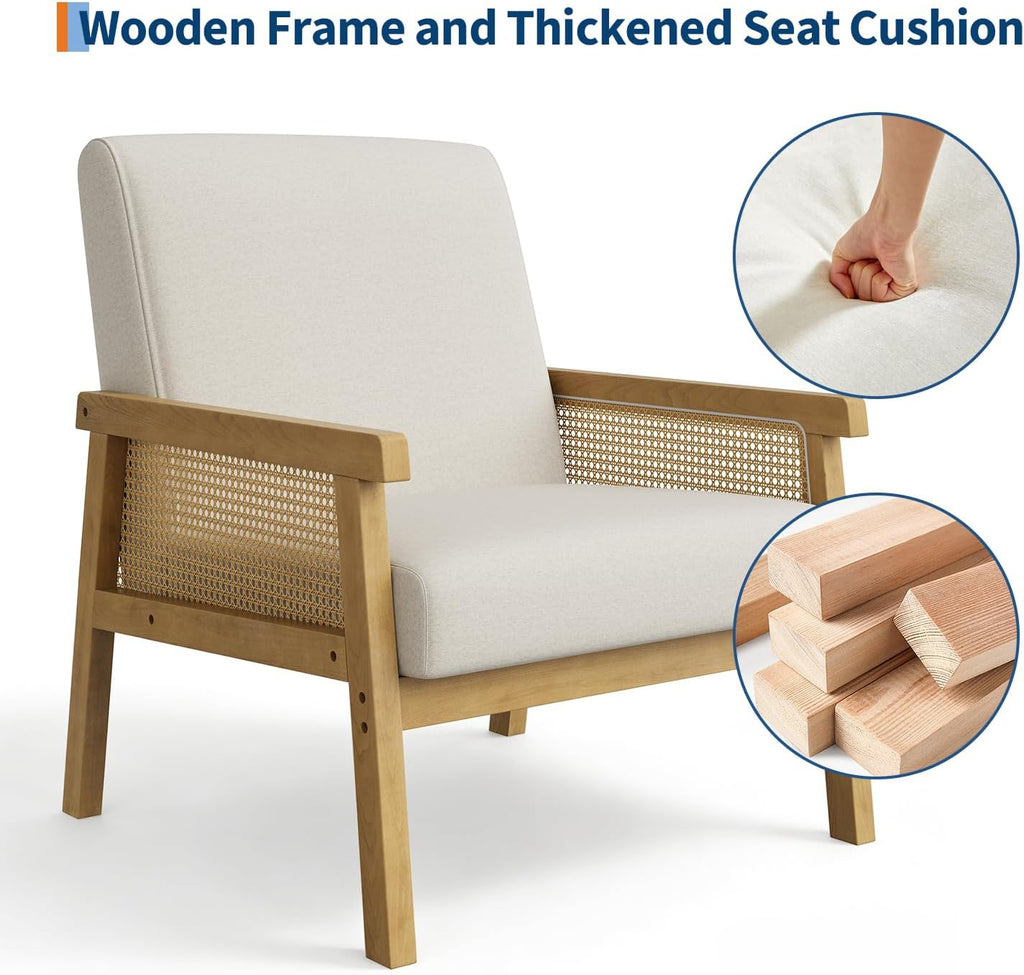 Beige High Back Rattan Wood Frame Accent Chair