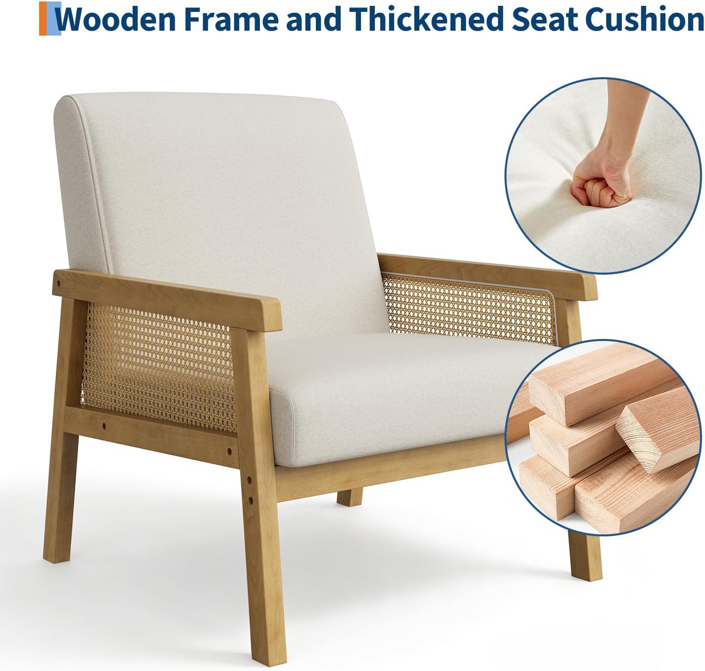 Beige High Back Rattan Wood Frame Accent Chair