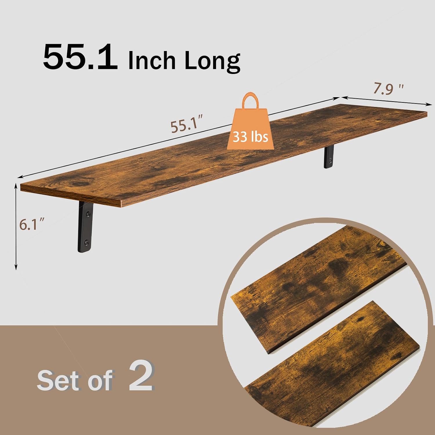 55.1 Inch Rustic Brown Floating Shelves Set of 2
