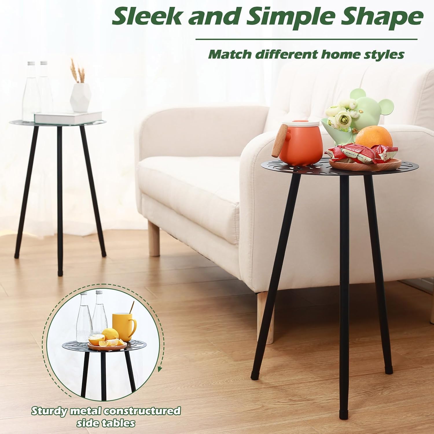 Black Round Metal Outdoor Side Table Set of 2