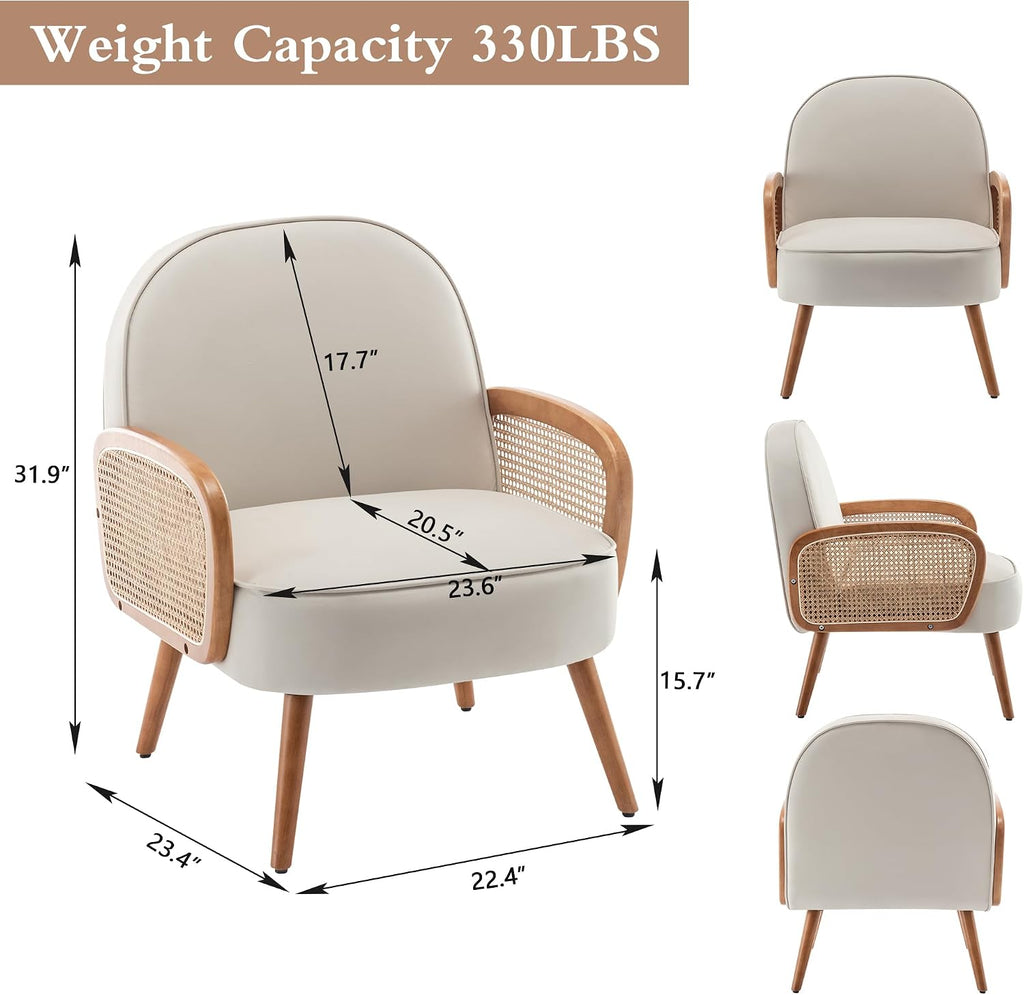 Beige Rattan Arm Mid Century Accent Chair