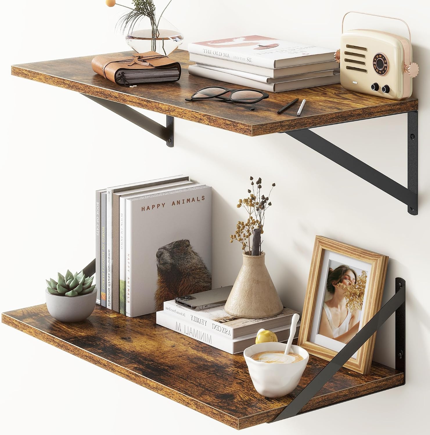 24x12 Inch Rustic Brown Floating Shelves Set of 2