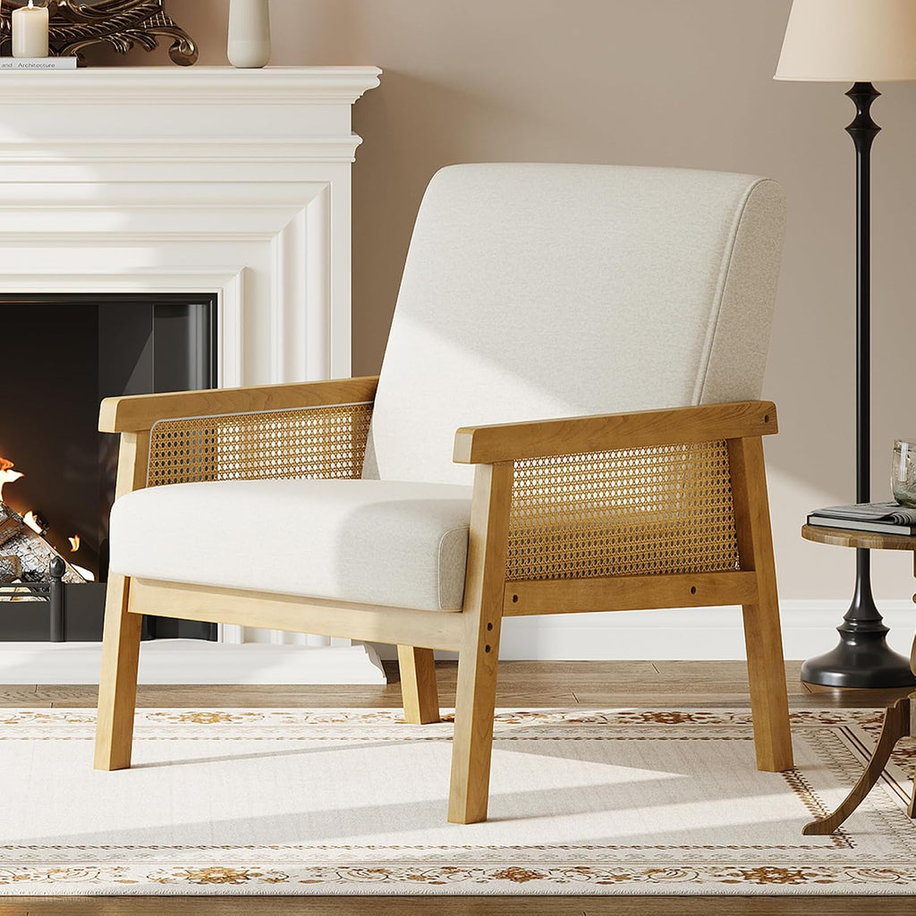 Beige High Back Rattan Wood Frame Accent Chair