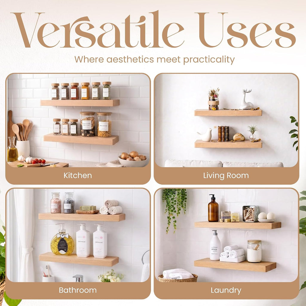 17 Inch Beech Wood Floating Shelves Set of 2