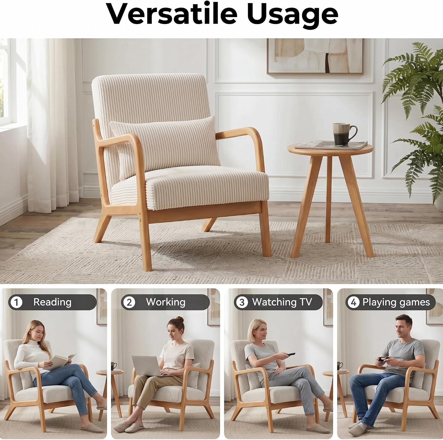 Beige Fabric Mid Century Accent Chair Set of 2