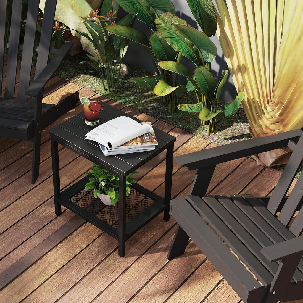 Black 2-Tier HDPE Outdoor Side Table With Storage