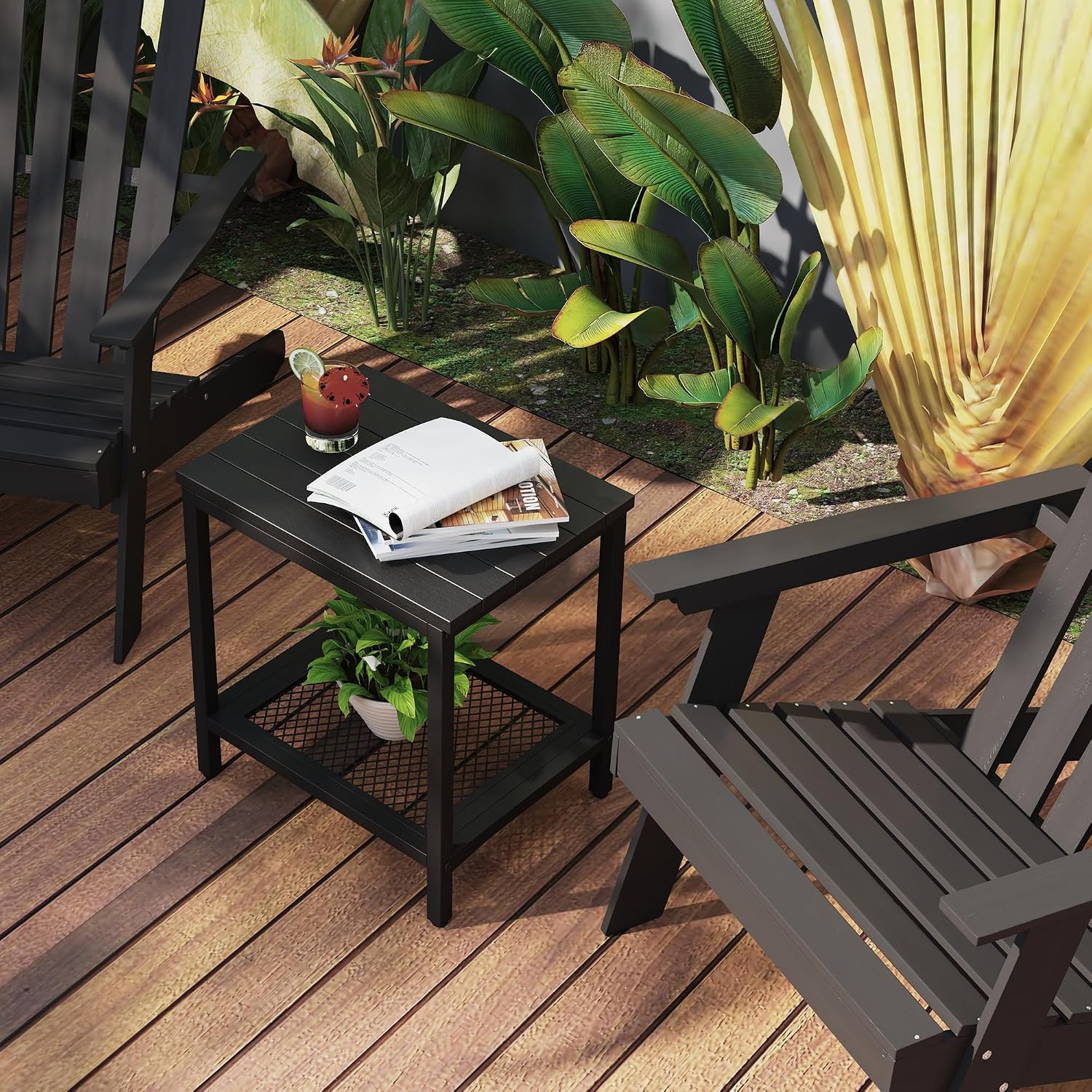 Black 2-Tier HDPE Outdoor Side Table With Storage