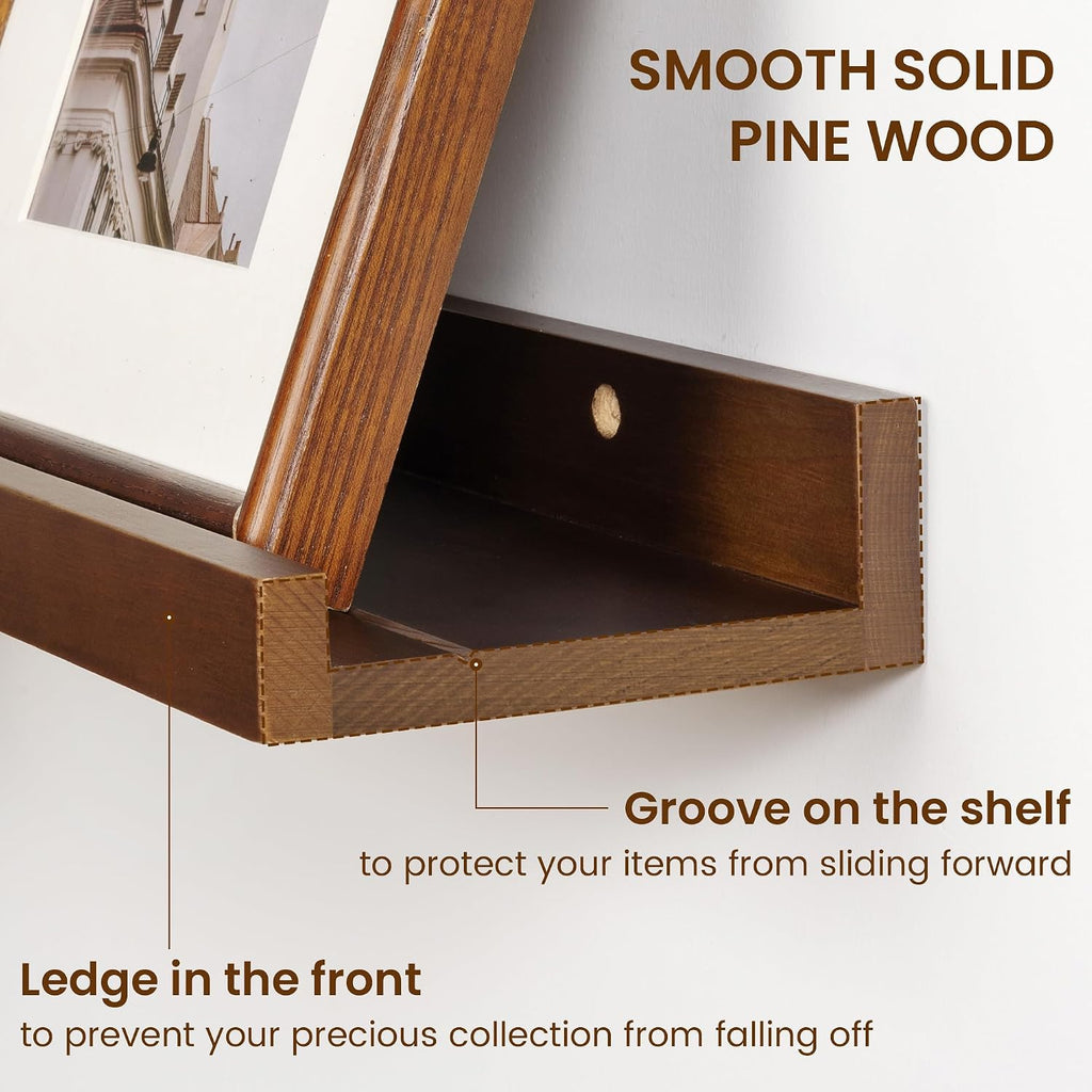 36 Inch Walnut Pine Picture Ledge Shelves Set of 2