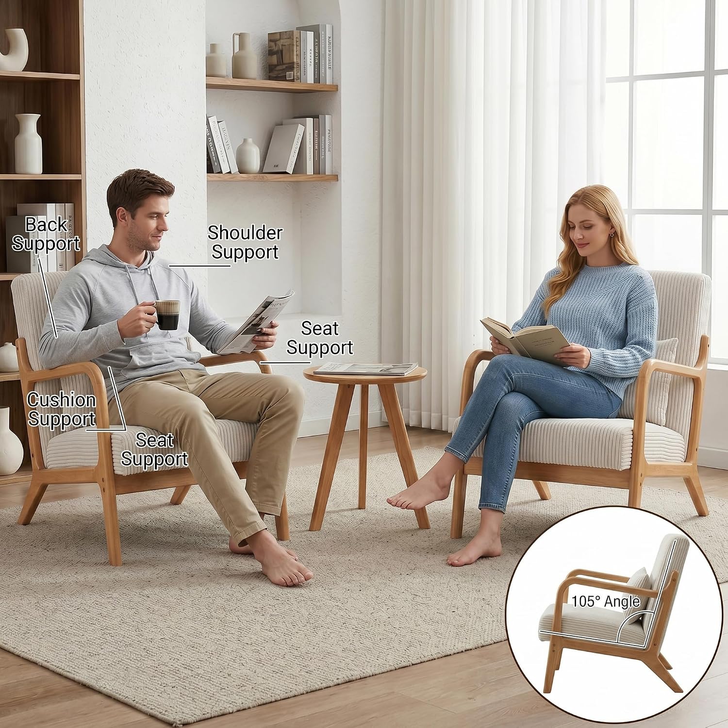 Beige Fabric Mid Century Accent Chair Set of 2
