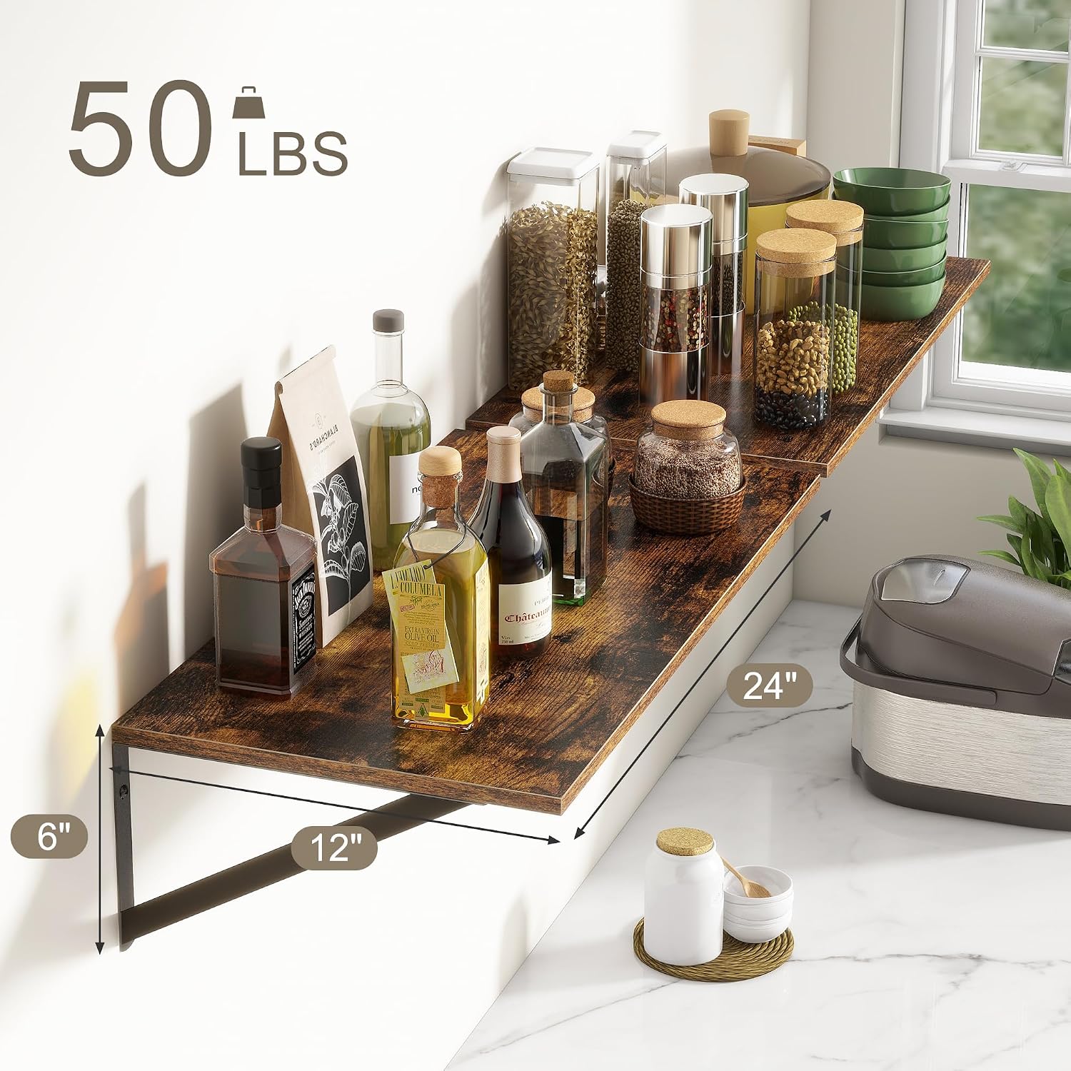 24x12 Inch Rustic Brown Floating Shelves Set of 2