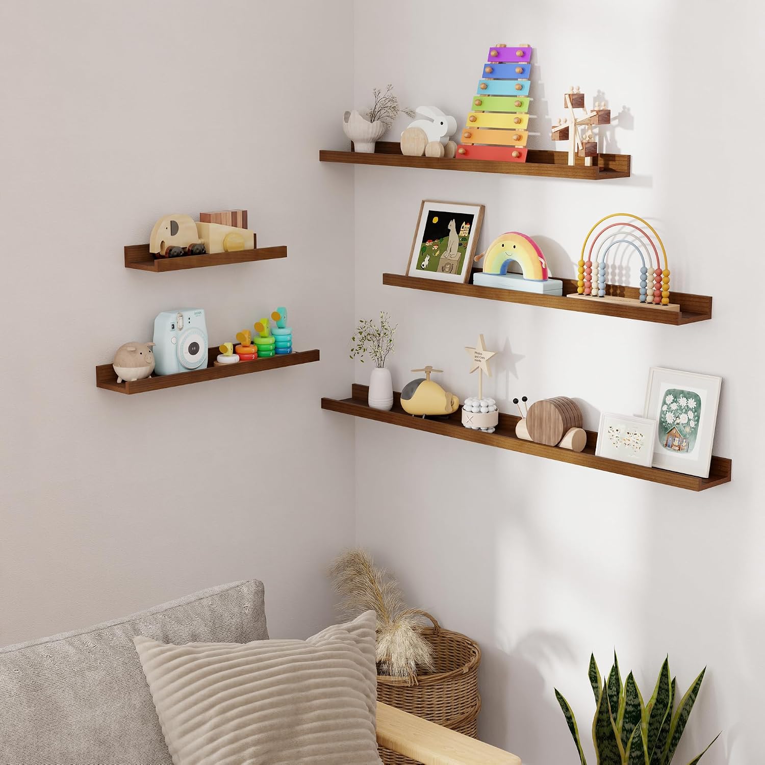 36 Inch Walnut Pine Picture Ledge Shelves Set of 2