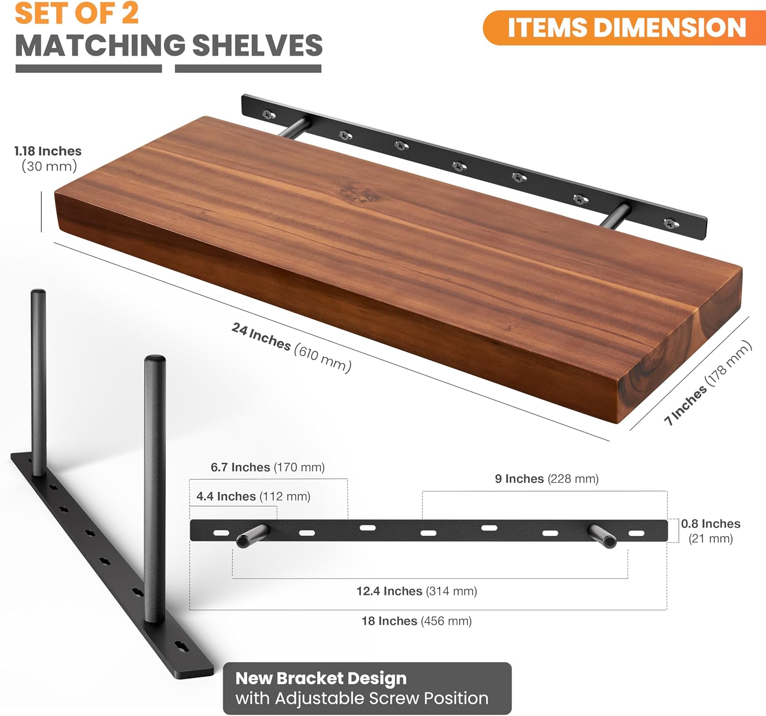 24 Inch Acacia Wood Floating Shelves Set of 2
