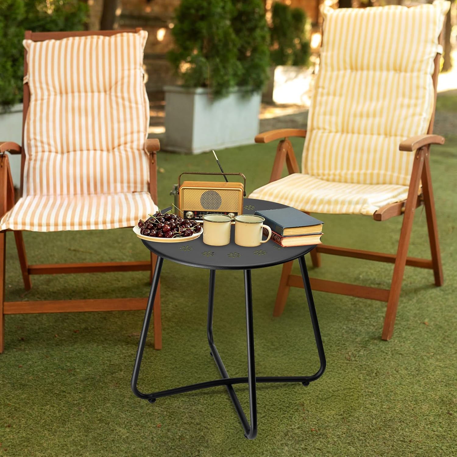 Black Metal Flower Cutout Outdoor Side Table