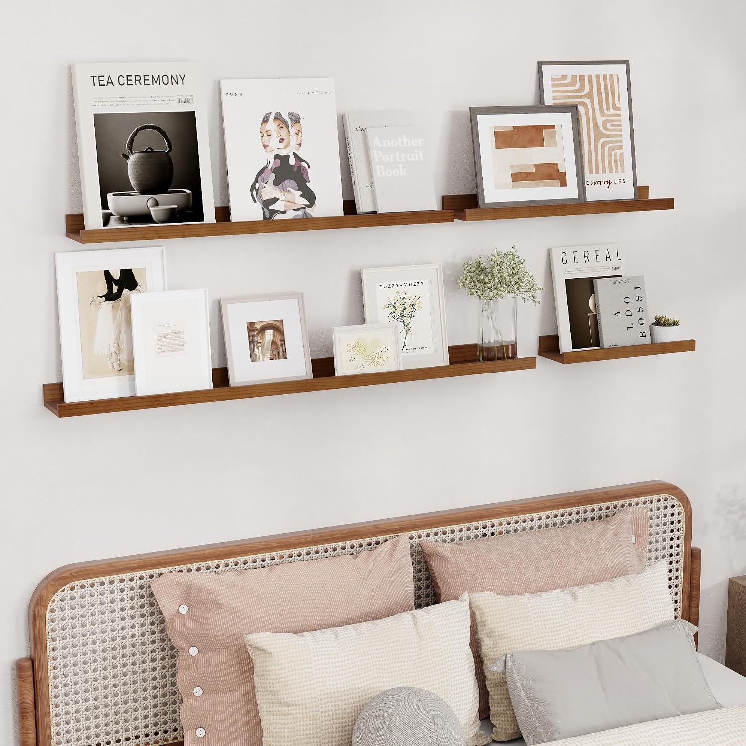 36 Inch Walnut Pine Picture Ledge Shelves Set of 2