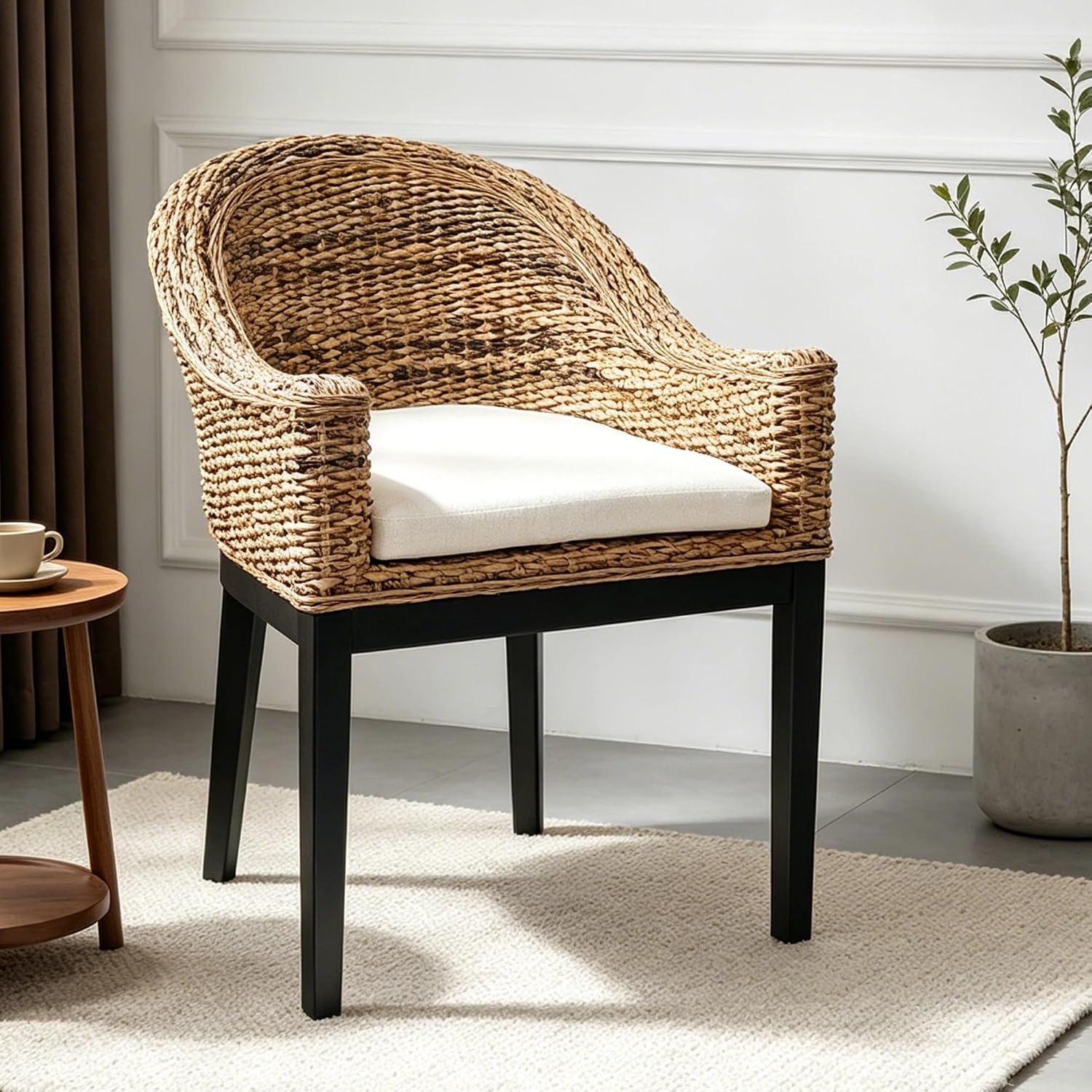 Beige Cushion Rattan Armrest Accent Chair
