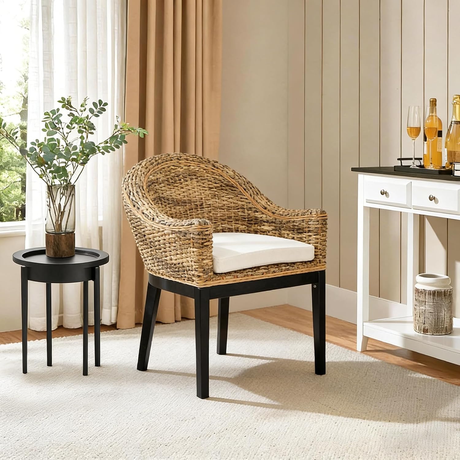 Beige Cushion Rattan Armrest Accent Chair