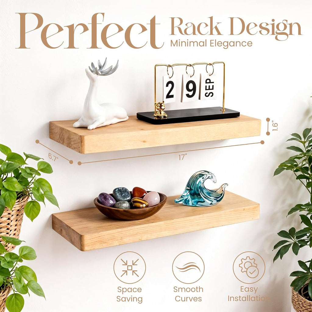 17 Inch Beech Wood Floating Shelves Set of 2