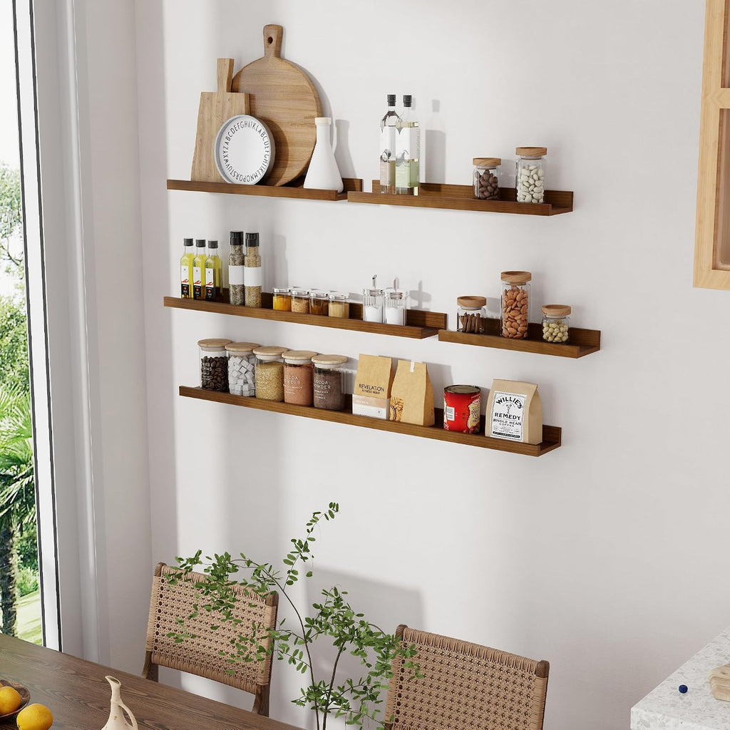 36 Inch Walnut Pine Picture Ledge Shelves Set of 2