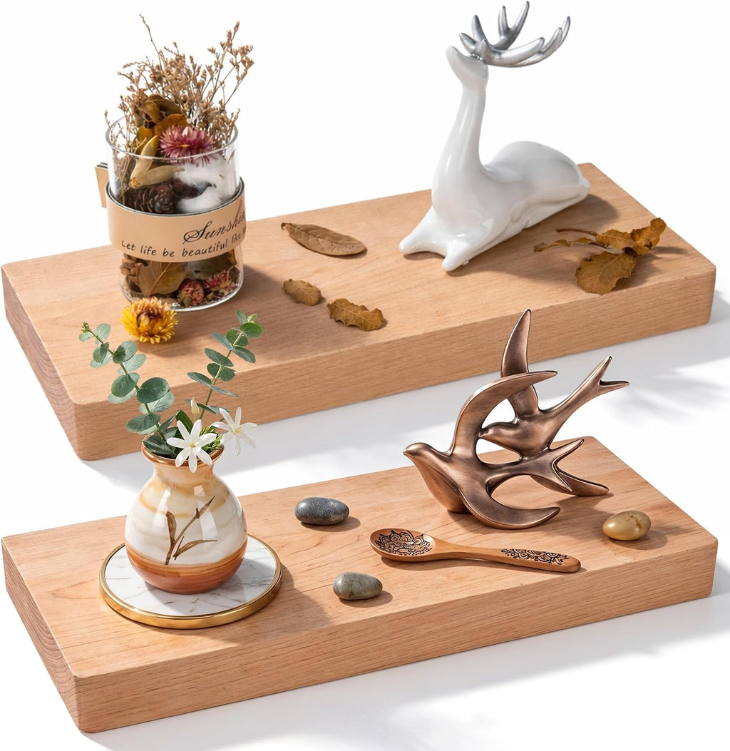 17 Inch Beech Wood Floating Shelves Set of 2