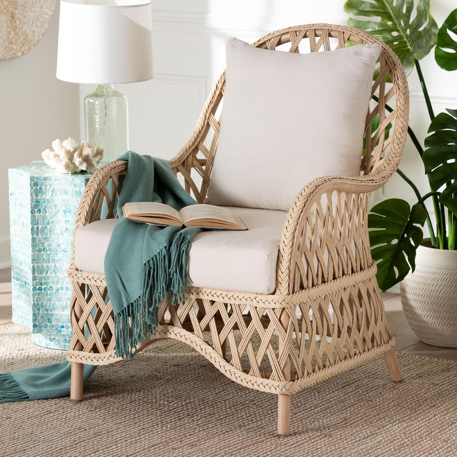 Ivory Braided Rattan Bohemian Arm Chair