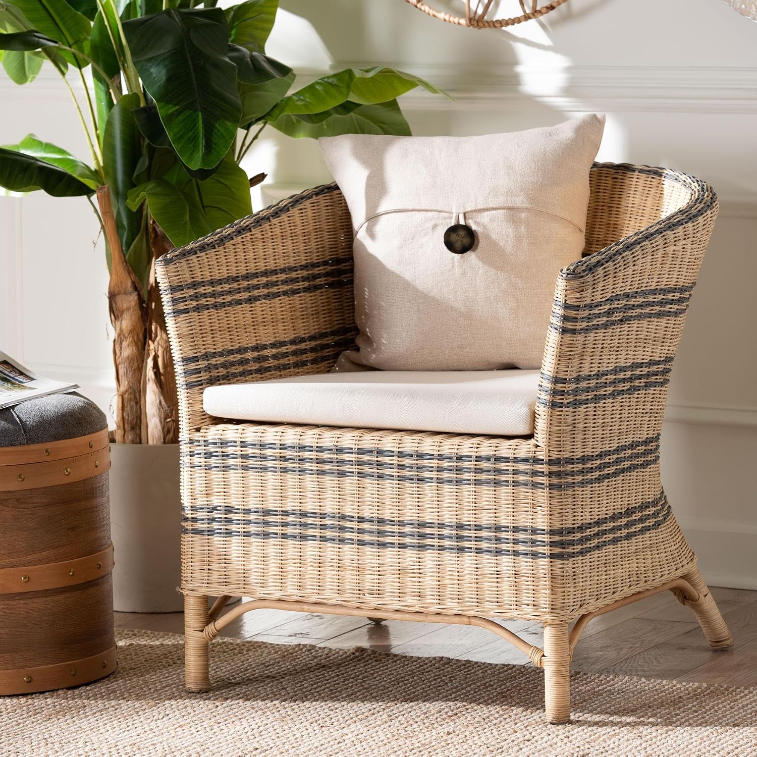 Natural Two-Tone Woven Rattan Barrel Back Chair