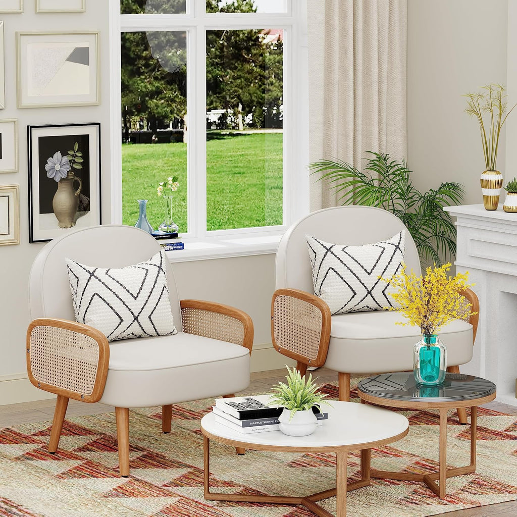 Beige Rattan Arm Mid Century Accent Chair