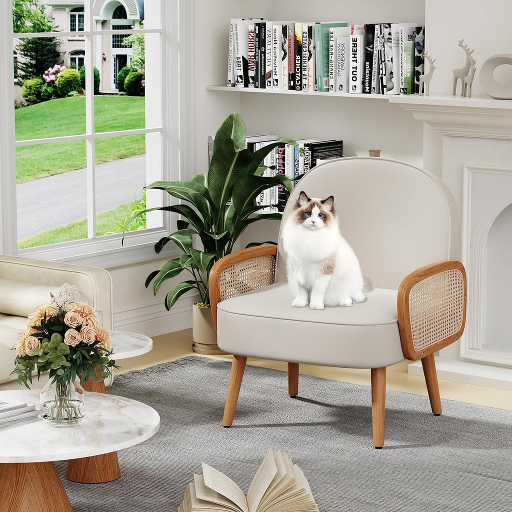 Beige Rattan Arm Mid Century Accent Chair
