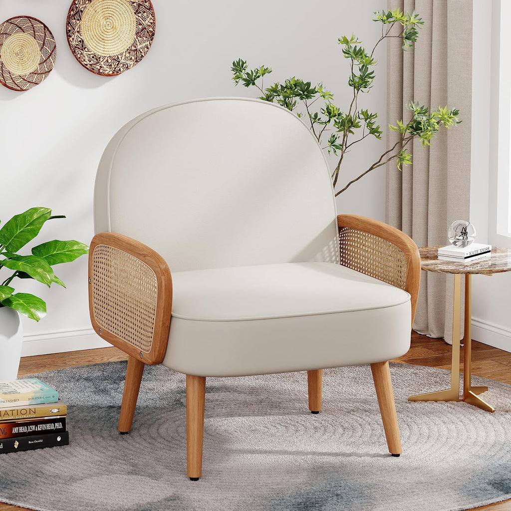 Beige Rattan Arm Mid Century Accent Chair